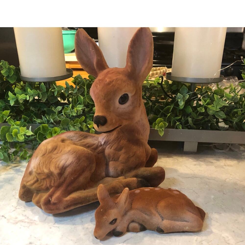 Vintage flocked deer & baby brown big eyes original sticker